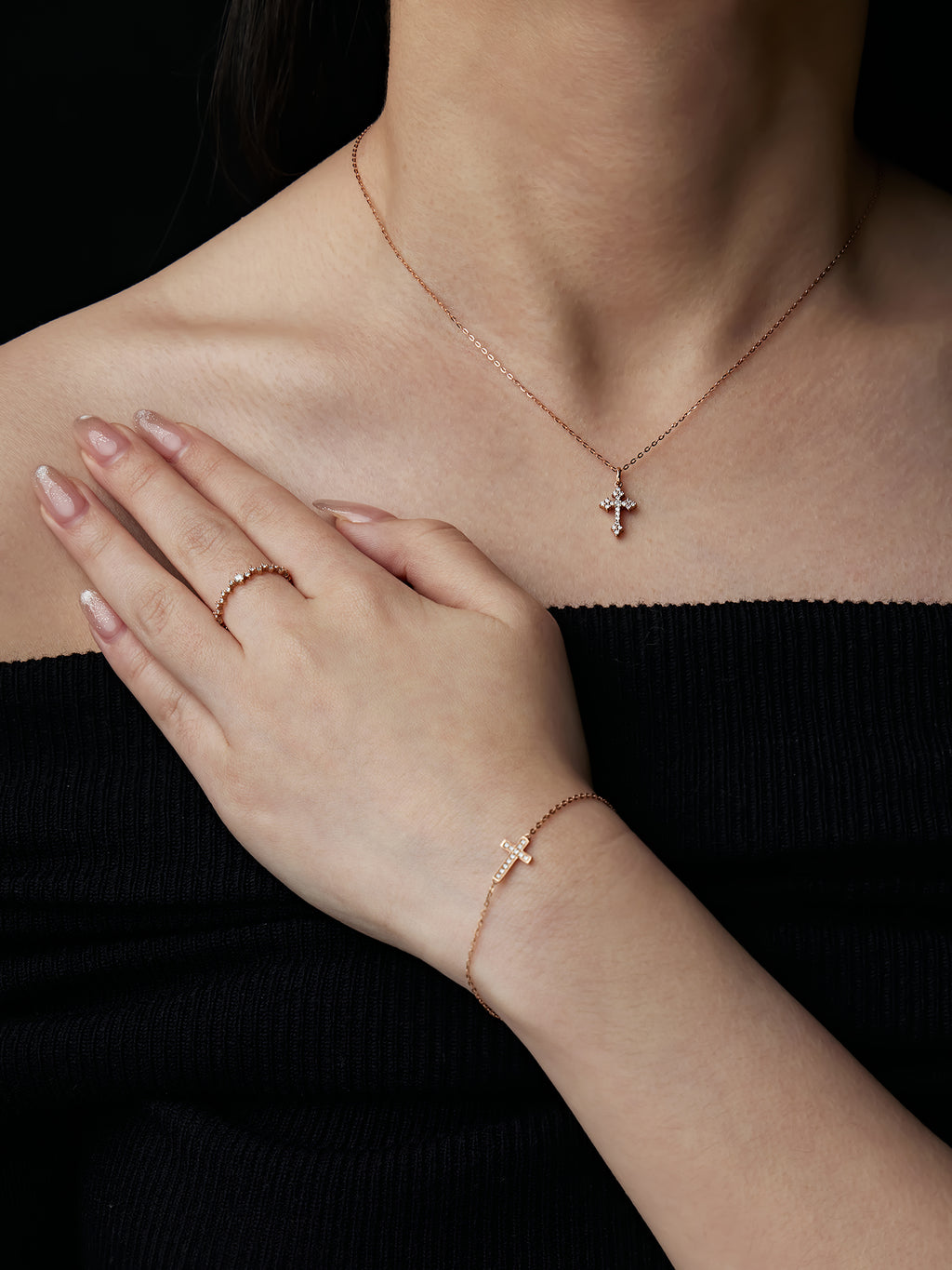 恩典之環｜玫瑰金十字真鑽手環